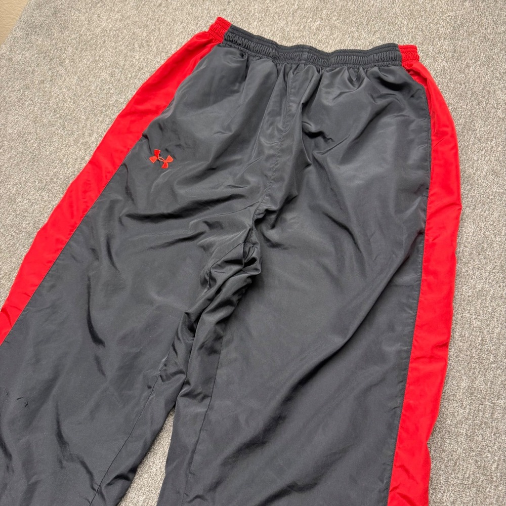 Under Armour Mens Track Pants Black Red Side Stripe Mesh Lined Zip Ankle LG